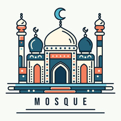 A vibrant illustration of a mosque with line art style and flat color, perfect for Ramadan, Eid, and Islamic event.
