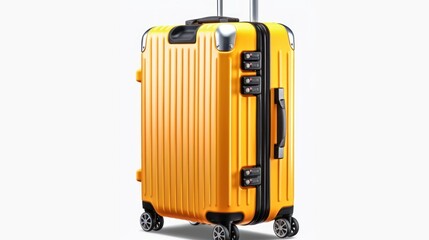 Yellow fabric travel suitcase with zipper, handle and lock white background isolated close up side view, large cloth baggage case,