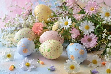 Obraz na płótnie Canvas easter eggs and flowers and decoration on pastel color background