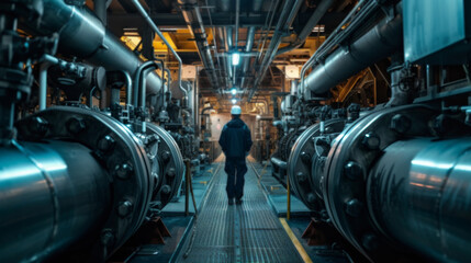 Fototapeta premium Cargo Ship Engine Room Marine Engineer Checking Machinery and Pipes.
