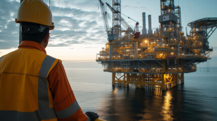 Marine engineer supervising offshore oil rig construction with cranes and structures - obrazy, fototapety, plakaty