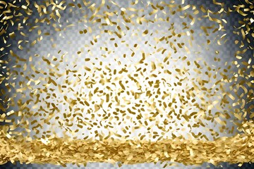 Realistic falling gold confetti and streamers seamless pattern on transparent background