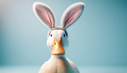 duck wearing bunny ears, set against a pastel blue background