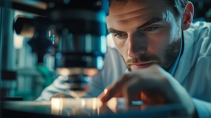 Materials engineer analyzing a 3D-printed part with a microscope.