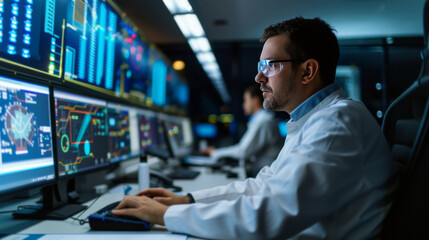 Nuclear engineer simulating reactor core behavior and thermal-hydraulics on computer