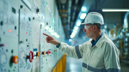 Nuclear engineer giving safety briefing to plant staff before reactor startup