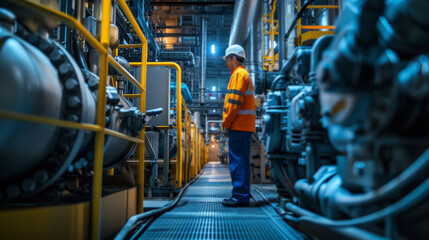Fototapeta premium Nuclear Engineer Inspecting Reactor Coolant Pumps in Pump Room.