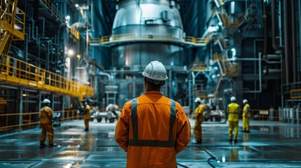 Nuclear engineer supervising fuel loading into reactor core with staff and cranes - obrazy, fototapety, plakaty