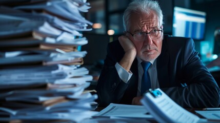 Retirement fund manager contemplating investment portfolios with financial data - obrazy, fototapety, plakaty