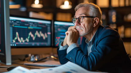 Retirement fund manager analyzing financial data and investment portfolios