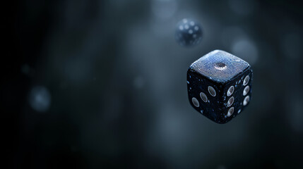 A black dice floating in the air with white dots and a dark, blurred background.