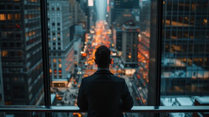 Pensive Young Investor Looking at Bustling Cityscape Unpredictable Investment Markets.