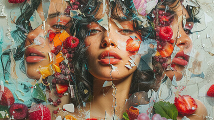 Collage of woman portraits, fresh raspberries, strawberries, grapes, berries. Spring composition in...