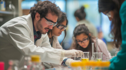 Chemical engineers teaching science and engineering to students in a classroom