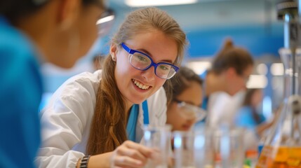 Students participating in chemical engineering activities with engineers in an outreach event