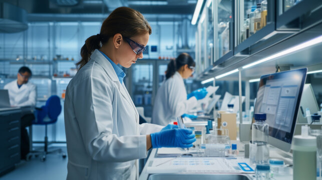 food engineers analyzing nutritional composition and food labeling information in a nutritional analysis laboratory