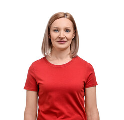Fototapeta premium Beautiful woman in red t-shirt on white background