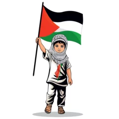Photo sur Plexiglas Dessiner Child from Gaza, little Boy with Keffiyeh and holding a Palestinian Flag symbol of freedom illustration isolated on White