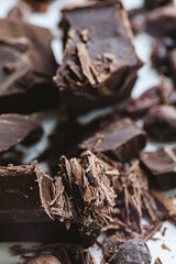 Cocoa beans with chocolate on a white background. Shalllow dof.