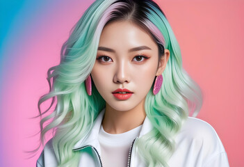 Portrait of a fashionable and stylish young beautiful Asian woman with fancy hair color and casual clothes