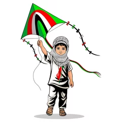 Keuken foto achterwand Draw Child from Gaza, little Boy with Keffiyeh and holding flying kite symbol of freedom Vector illustration isolated on White 