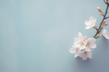 View from above, capturing the elegance of a tiny blossom against a soft, bright pastel background, leaving space for text.