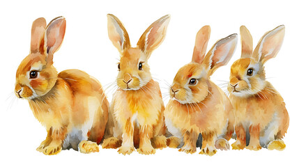 Group of rabbits on white background watercolor illustration