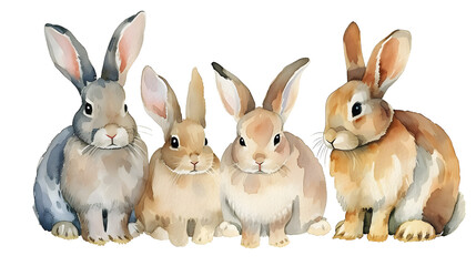 Fototapeta premium Group of rabbits on white background watercolor illustration
