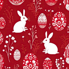 easter pattern with rabbits. background red, white bunnies, painted easter eggs. Decor of fabric, packaging, clothing. Graphic design.