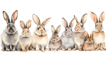 Group of rabbits on white background watercolor illustration - obrazy, fototapety, plakaty