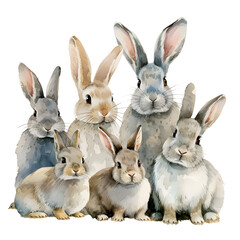Group of rabbits on white background watercolor illustration