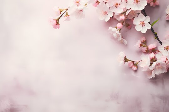 A high-resolution photo featuring top view of cherry blossoms on a soft pastel backdrop, ready for text overlay.