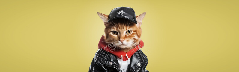 Cool cat in leather jacket and cap