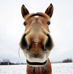 Funny muzzle of a foal close-up. Wide angle portrait.