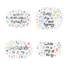 Motivational, inspirational message sayings collection. Hand drawn lettering phrase, quote. Vector illustration card design. Modern freehand style illustration with doodles