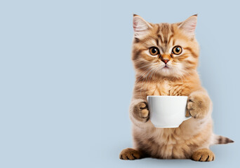 Joyful cat with a cup of coffee