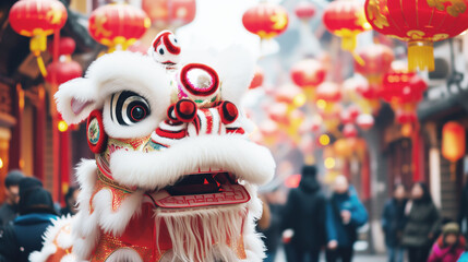 Vibrant dragon dance performance under red lanterns celebrates Chinese New Year on a bustling street