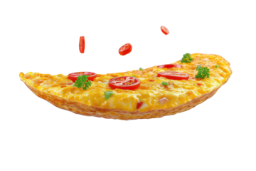 Tasty yellow Omelet or scrambled egg with pepper and herbs isolated on transparent png background, Healthy omelet, breakfast time.