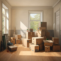 Moving essentials: cardboard boxes against the backdrop of a new house. AI generative.