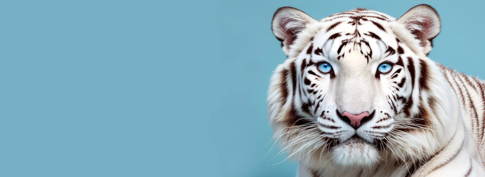 White albino tiger with blue eyes on pastel background.Banner for design with copy space.
Generative AI
