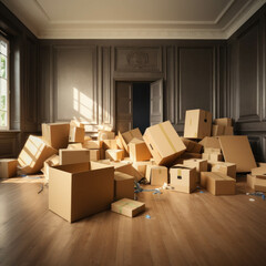 Background of cardboard boxes, representing moving into a new home. AI generative.