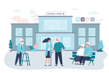 Elderly people are walking in the park. Nursing home building exterior. Nurse help old people to walk in park. Volunteering, support for elderly. Social worker helps aged man.