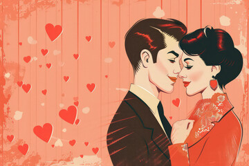 Fototapeta premium Couple in retro fashion style abstract background. Love and valentine day concept. Generative ai.