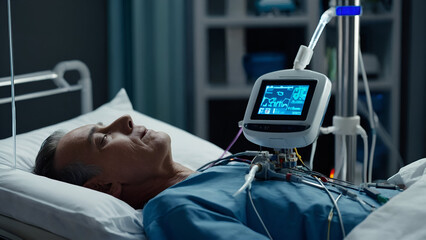 An AI MONITOR WHICH IS MEASURING THE HEARTBEAT OF A PERSON WHOS LAYING ON MEDICAL BED. - obrazy, fototapety, plakaty