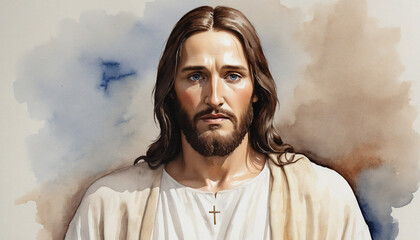 Watercolor portrait of Jesus Christ with blank space for text - obrazy, fototapety, plakaty