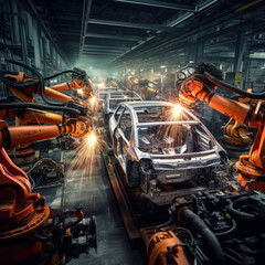 Advanced automation with robot arms welding cars in an automotive factory. AI generative.