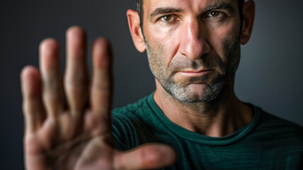 Senior man making a stop gesture with his hand, studio shot with gray background - obrazy, fototapety, plakaty