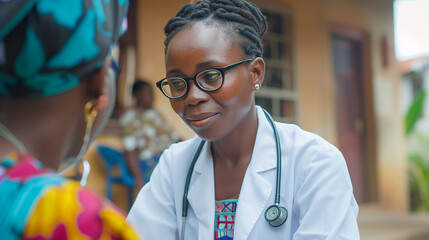 A healthcare professional providing a check-up at a community health fair, illustrating accessible healthcare, community care, care jobs, community support, with copy space