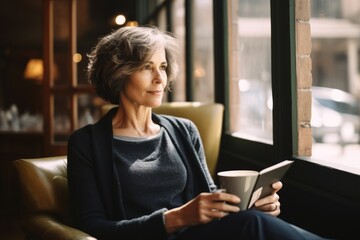 Portrait of a middle-aged woman with high cheekbones, enjoying her book in the warm ambience of a rustic coffee shop