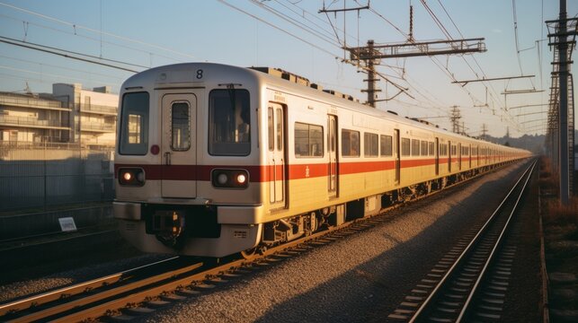 Japanese local train on railway track at sunset